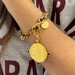 coin jewllery , gold charm bracelet , greek jewllery brand , statement jewllery collection , coin necklace , bold chunky jewllery , retro vintage style , medallion bracelet , Ancient Greek style