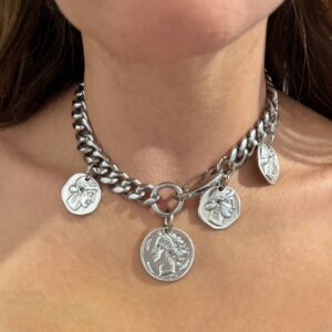 Coin necklace, statement jewelry brand , vintage style jewelry, greek designers , charms necklace