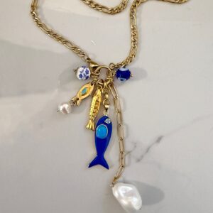 fish charm necklace , three fish necklaces, jewllery collection , greek jewllery brand , mermaid jewllery , amazing unique jewllery , vintage style