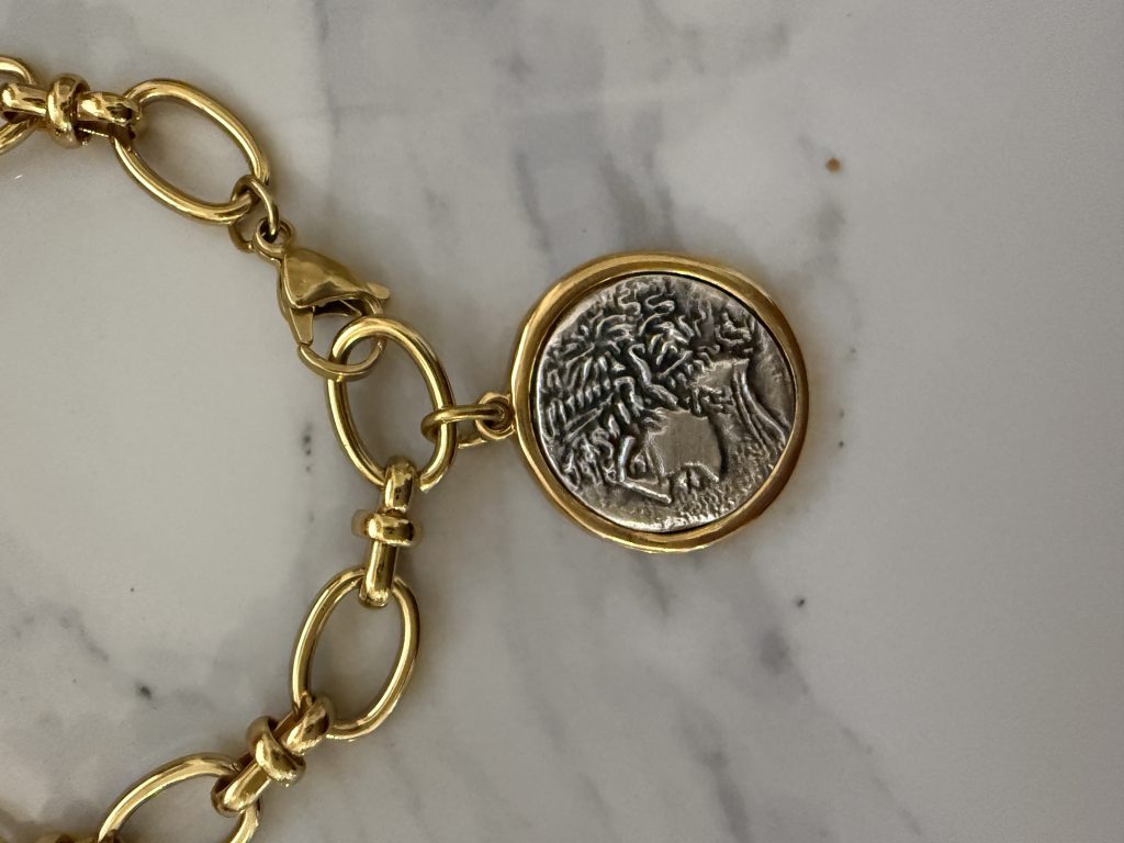coin bracelet , oddysey inspired jewllery , greek ancient coins style jewllery , gold charm bracelet , handmade jewelry brand , greek designers , Penelope jewllery style
