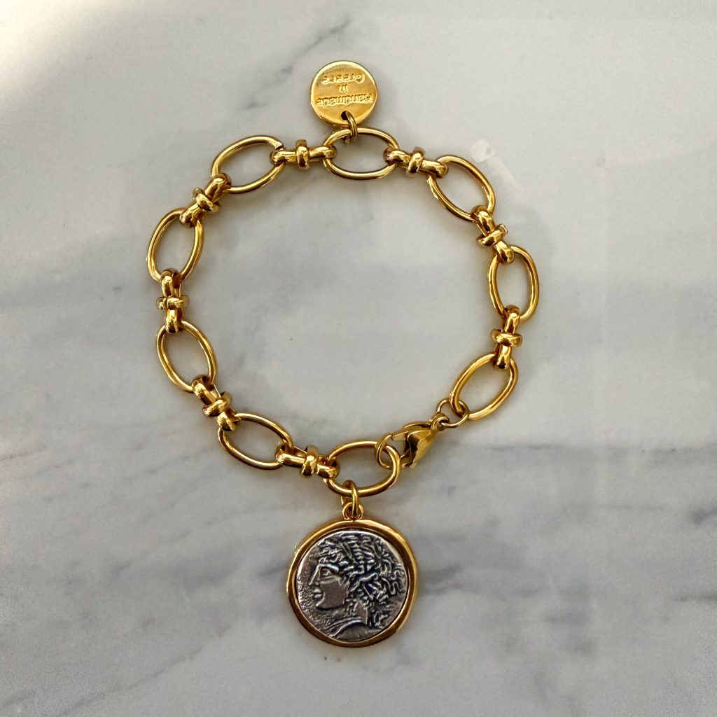 coin bracelet , oddysey inspired jewllery , greek ancient coins style jewllery , gold charm bracelet , handmade jewelry brand , greek designers , Penelope jewllery style