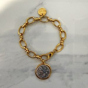coin bracelet , oddysey inspired jewllery , greek ancient coins style jewllery , gold charm bracelet , handmade jewelry brand , greek designers , Penelope jewllery style