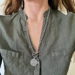 long coin necklace -silver  tone -
