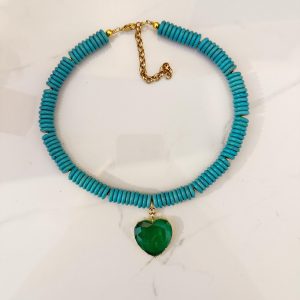 90s style jewllery , greek jewllery brand , green heart necklace , turquoise green necklace, y2k jewllery , new trendy jewllery collection , handmade jewllery