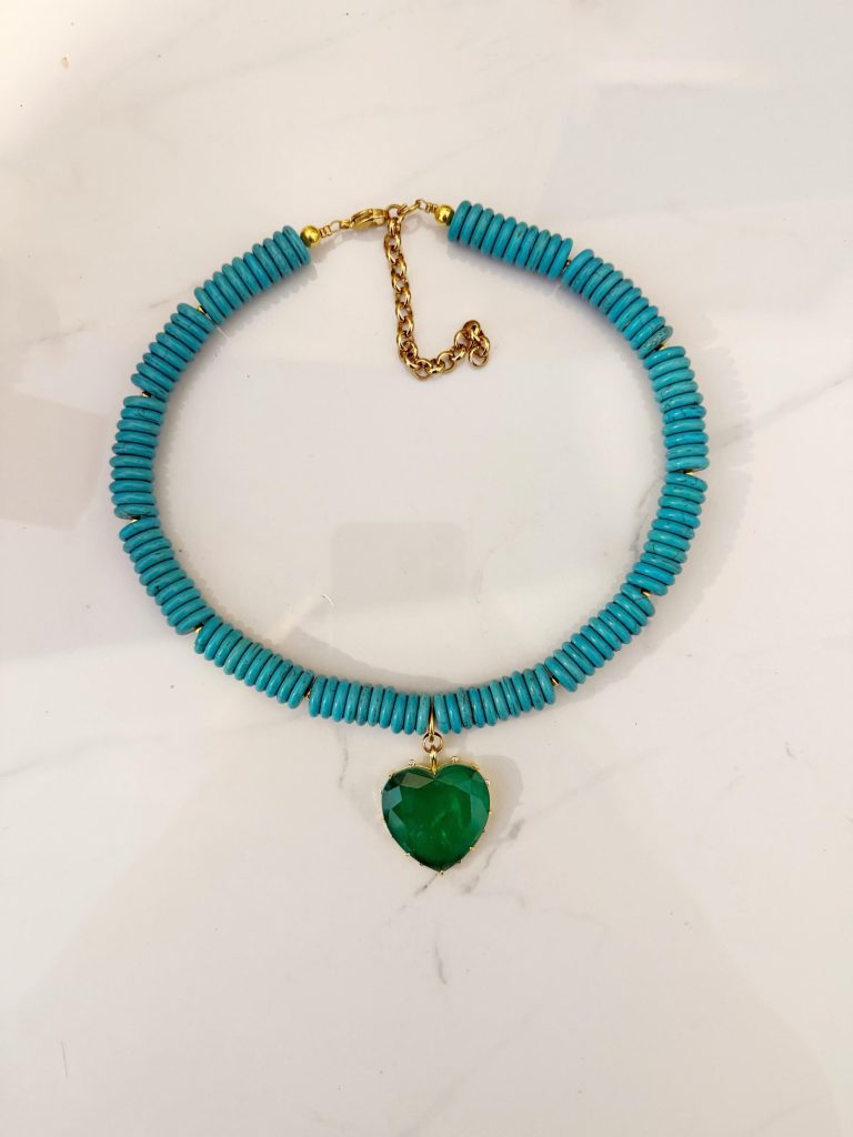 90s style jewllery , greek jewllery brand , green heart necklace , turquoise green necklace, y2k jewllery , new trendy jewllery collection , handmade jewllery