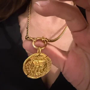 coin jewllery , gold charm bracelet , greek jewllery brand , statement jewllery collection , coin necklace , bold chunky jewllery , retro vintage style , medallion bracelet , Ancient Greek style ,