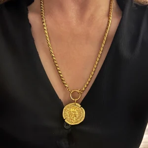 coin jewllery , gold charm bracelet , greek jewllery brand , statement jewllery collection , coin necklace , bold chunky jewllery , retro vintage style , medallion bracelet , Ancient Greek style ,